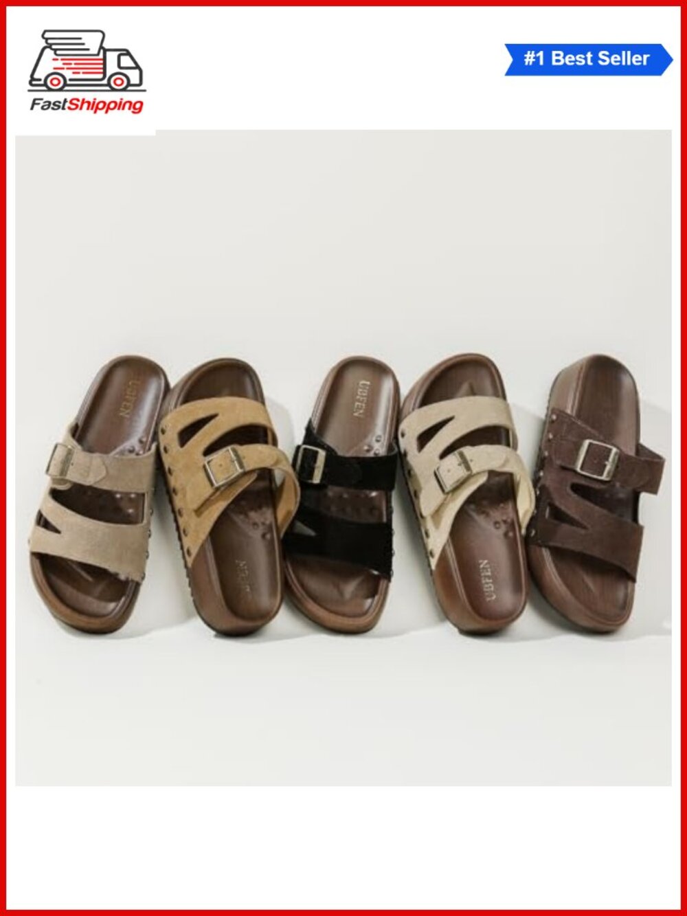 Platform Sandals Slip On Slides Double Buckle Genuine Leather Arch Support - Picture 4 of 5